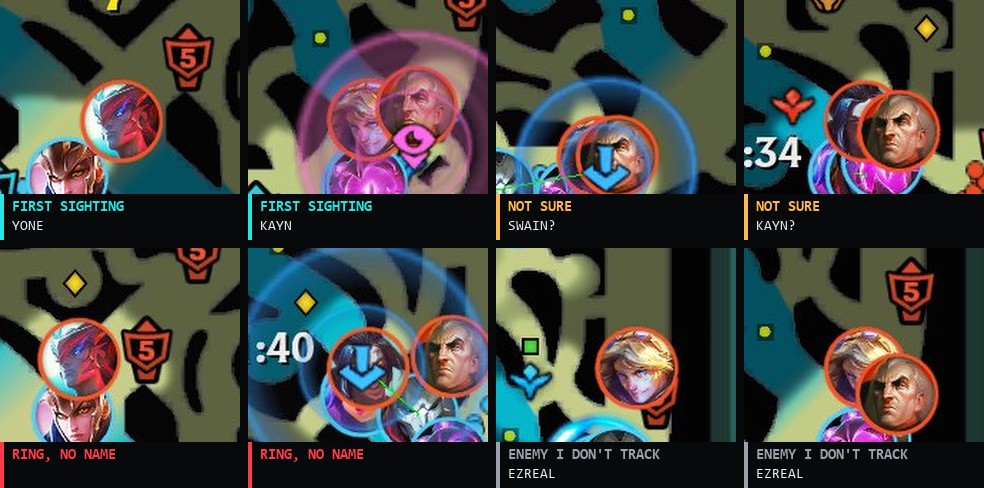 Eight small minimap crops, each centred on an enemy ring and labelled with why it was kept: first sighting, not sure, ring with no name, or an enemy that is not tracked
