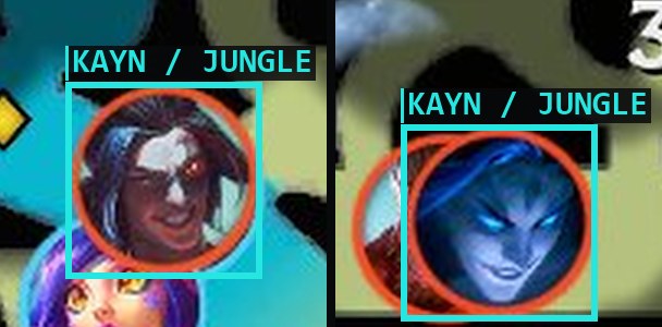 Two minimap crops from the same game, both labelled Kayn: his base portrait early on and his blue Shadow Assassin portrait later